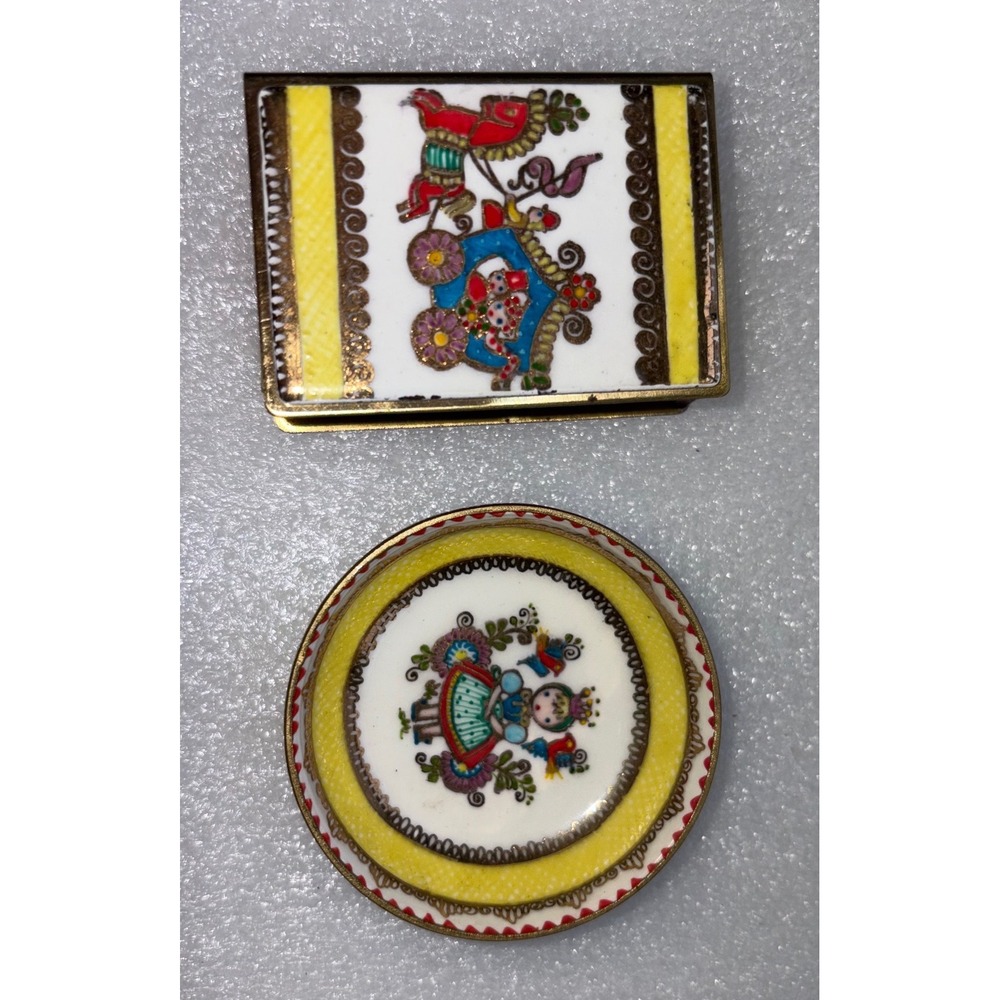 Hand-Emamelled Miniature Matchbox & Matching Dish Set (Wiener Email Manufaktur)